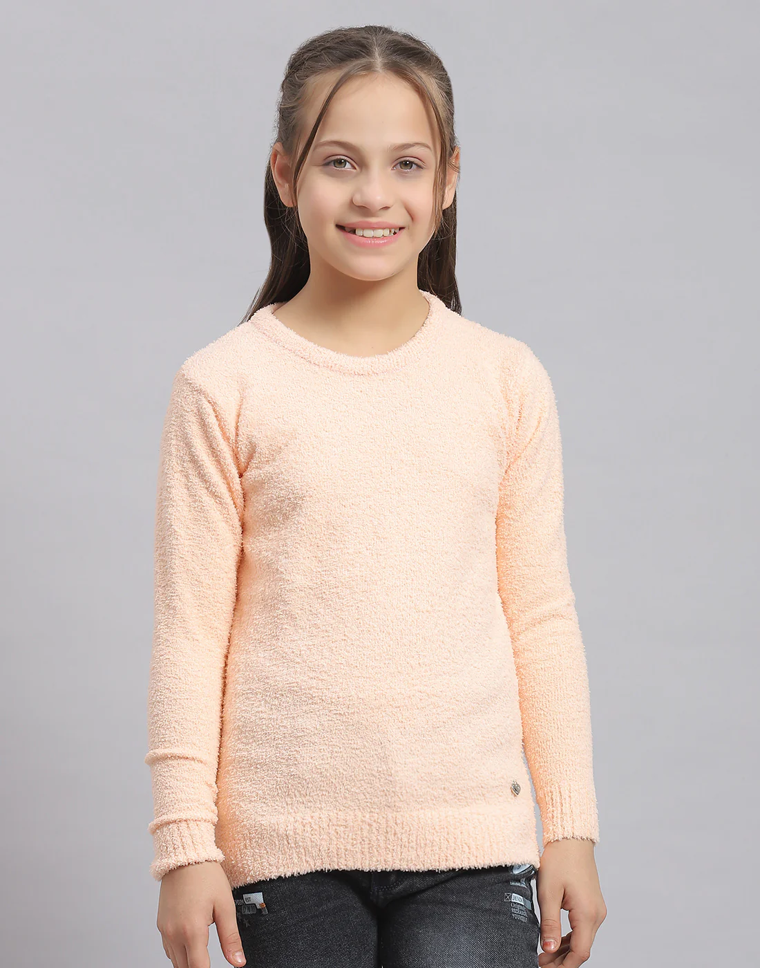 Girls Peach Solid Round Neck Full Sleeve Sweater - Image 2