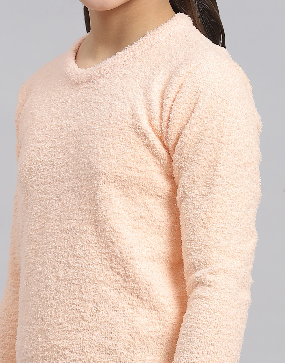 Girls Peach Solid Round Neck Full Sleeve Sweater - Image 7