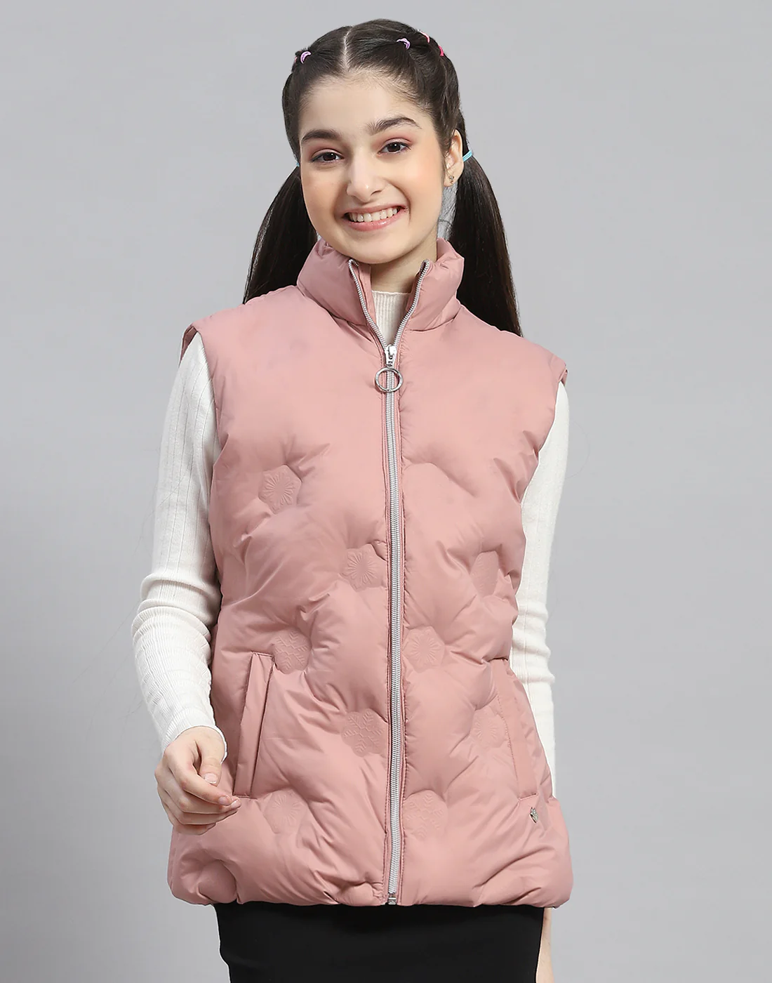 Girls Peach Solid Stand Collar Sleeveless Girls Jacket - Image 2