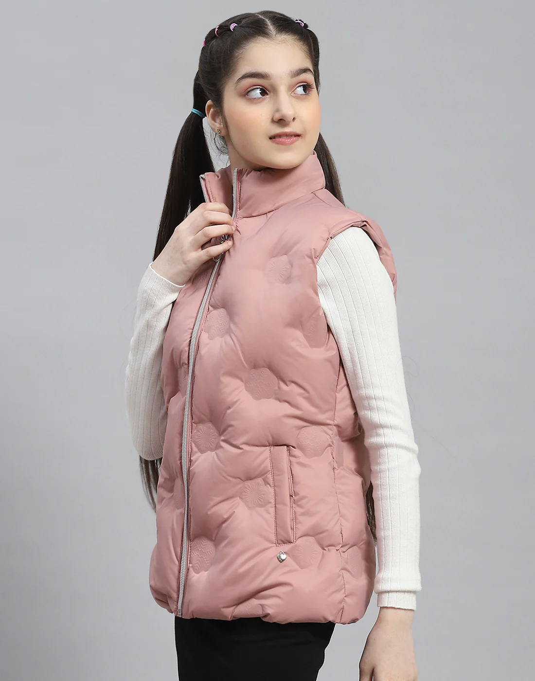 Girls Peach Solid Stand Collar Sleeveless Girls Jacket - Image 3
