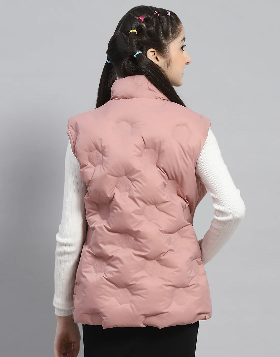 Girls Peach Solid Stand Collar Sleeveless Girls Jacket - Image 5