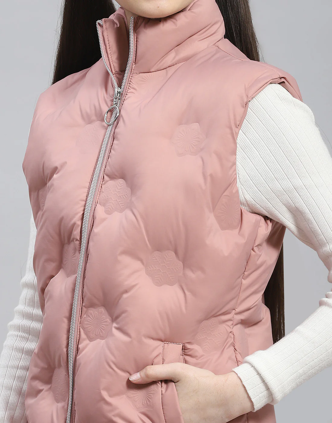 Girls Peach Solid Stand Collar Sleeveless Girls Jacket - Image 6
