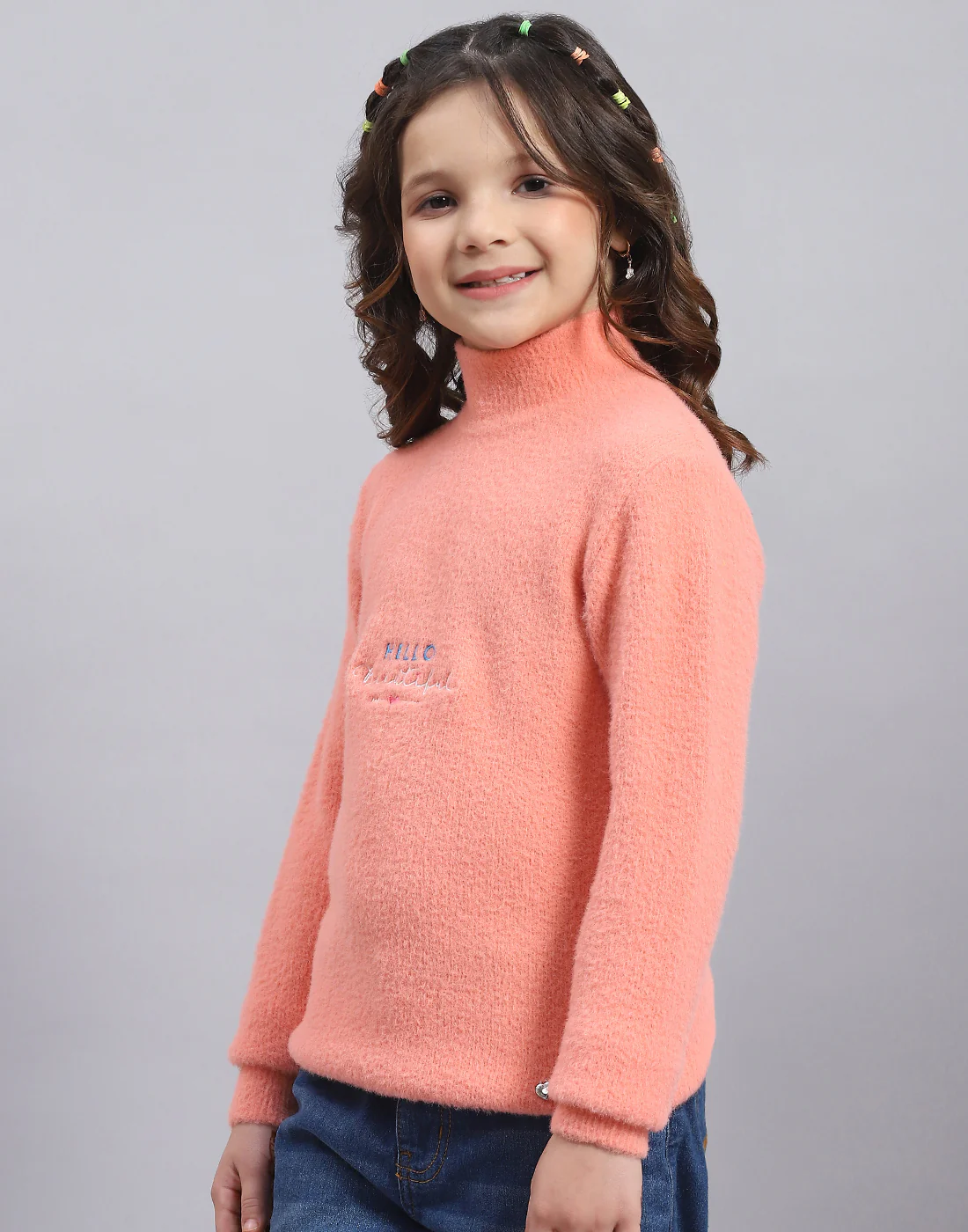 Girls Peach Solid T Neck Full Sleeve Sweater - Image 3