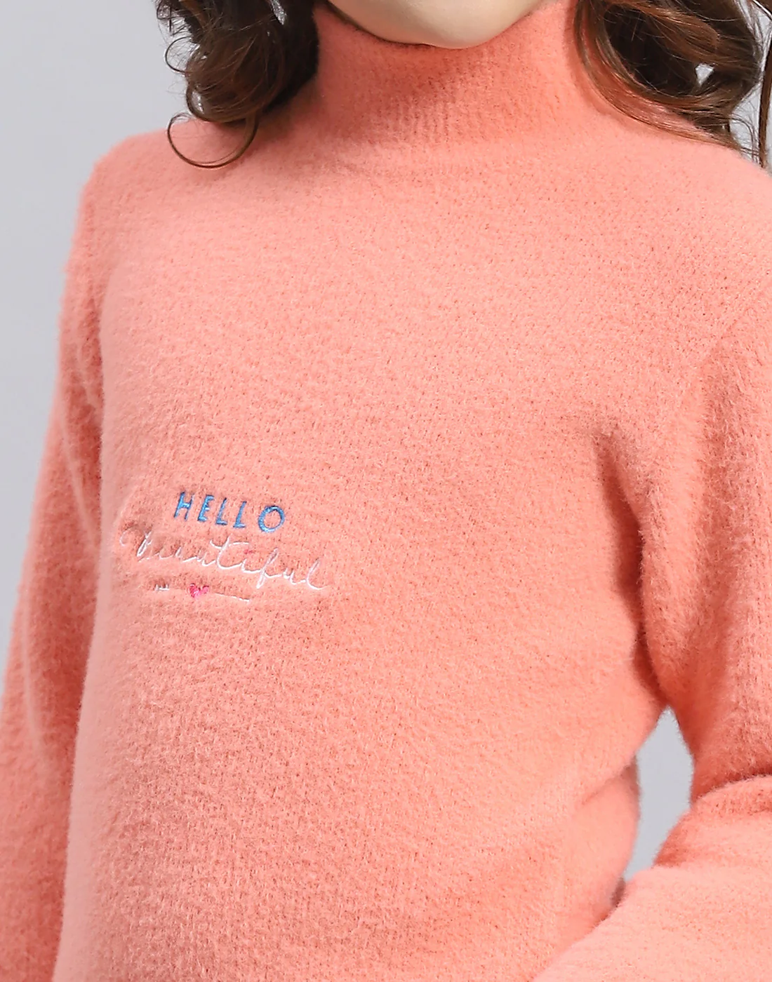 Girls Peach Solid T Neck Full Sleeve Sweater - Image 6
