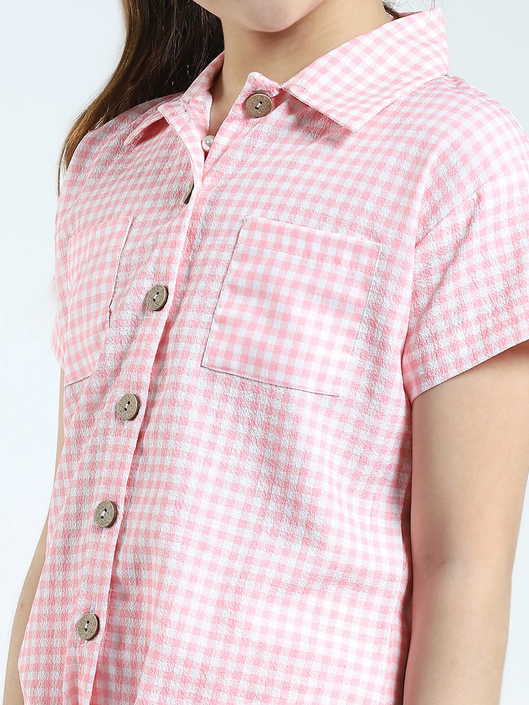 Girls Pink Check Collar Half Sleeve Cords Set - Image 7