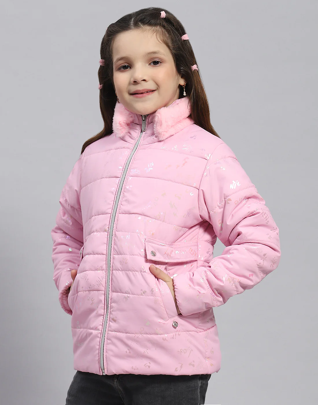 Girls Pink Check Stand Collar Full Sleeve Girls Jacket - Image 3