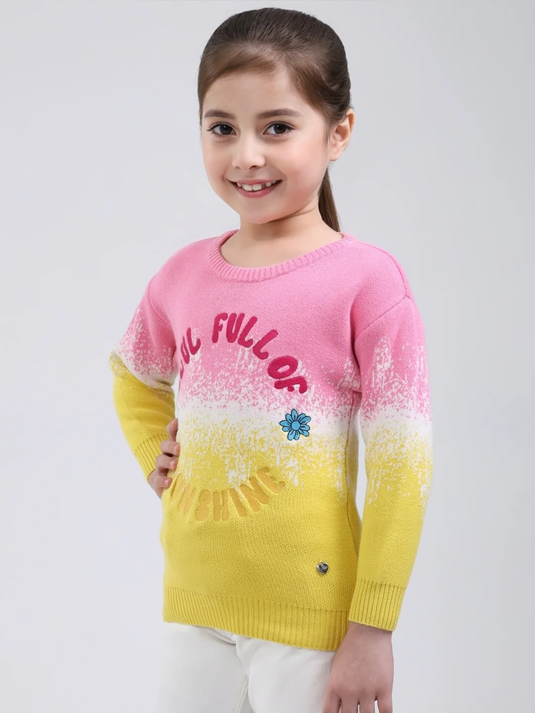 Girls Pink Embroidered Round Neck Full Sleeve Pullover - Image 3