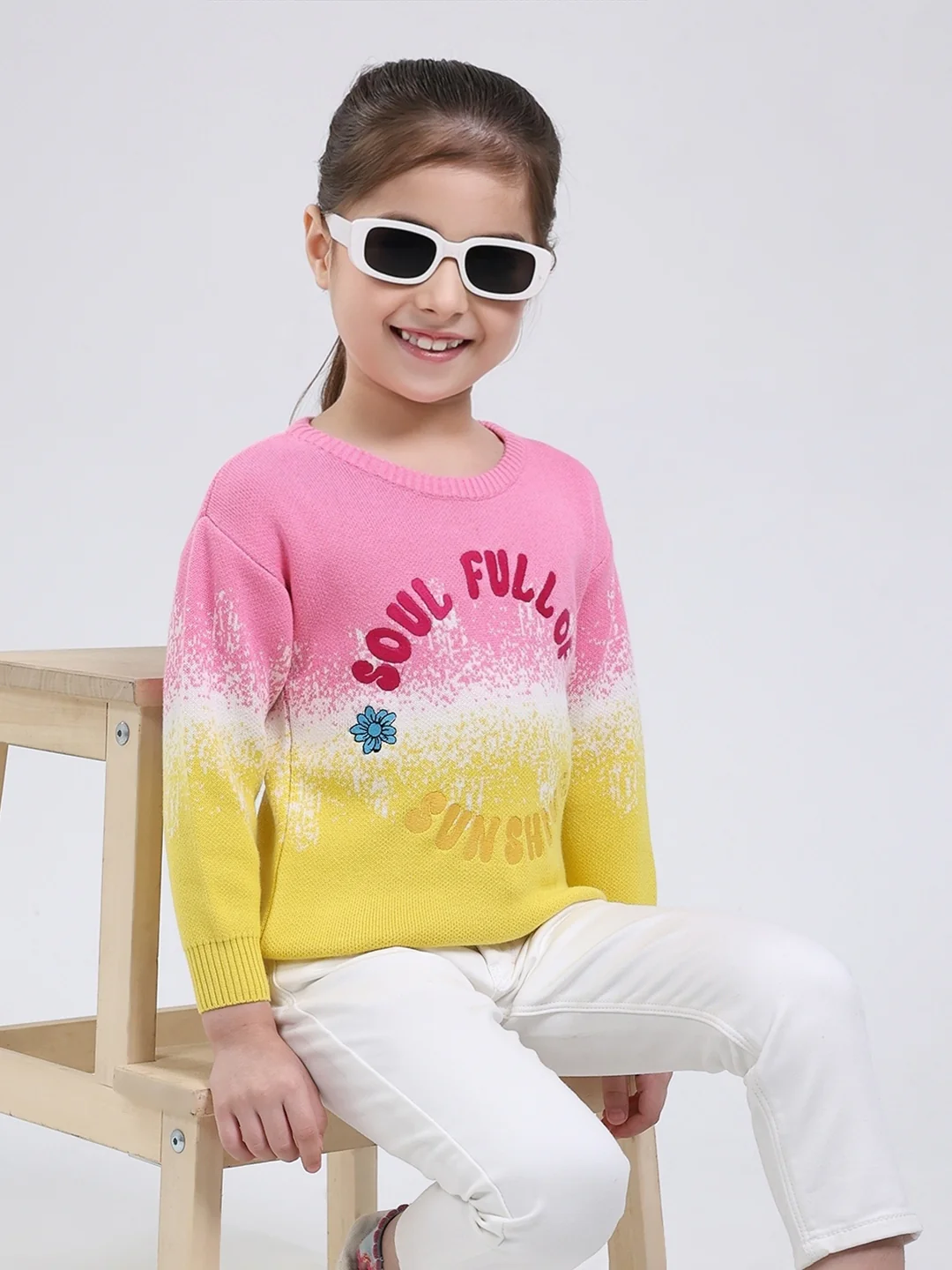 Girls Pink Embroidered Round Neck Full Sleeve Pullover - Image 6