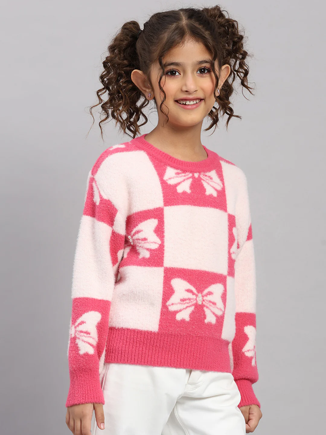 Girls Pink Embroidered Round Neck Full Sleeve Pullover - Image 4