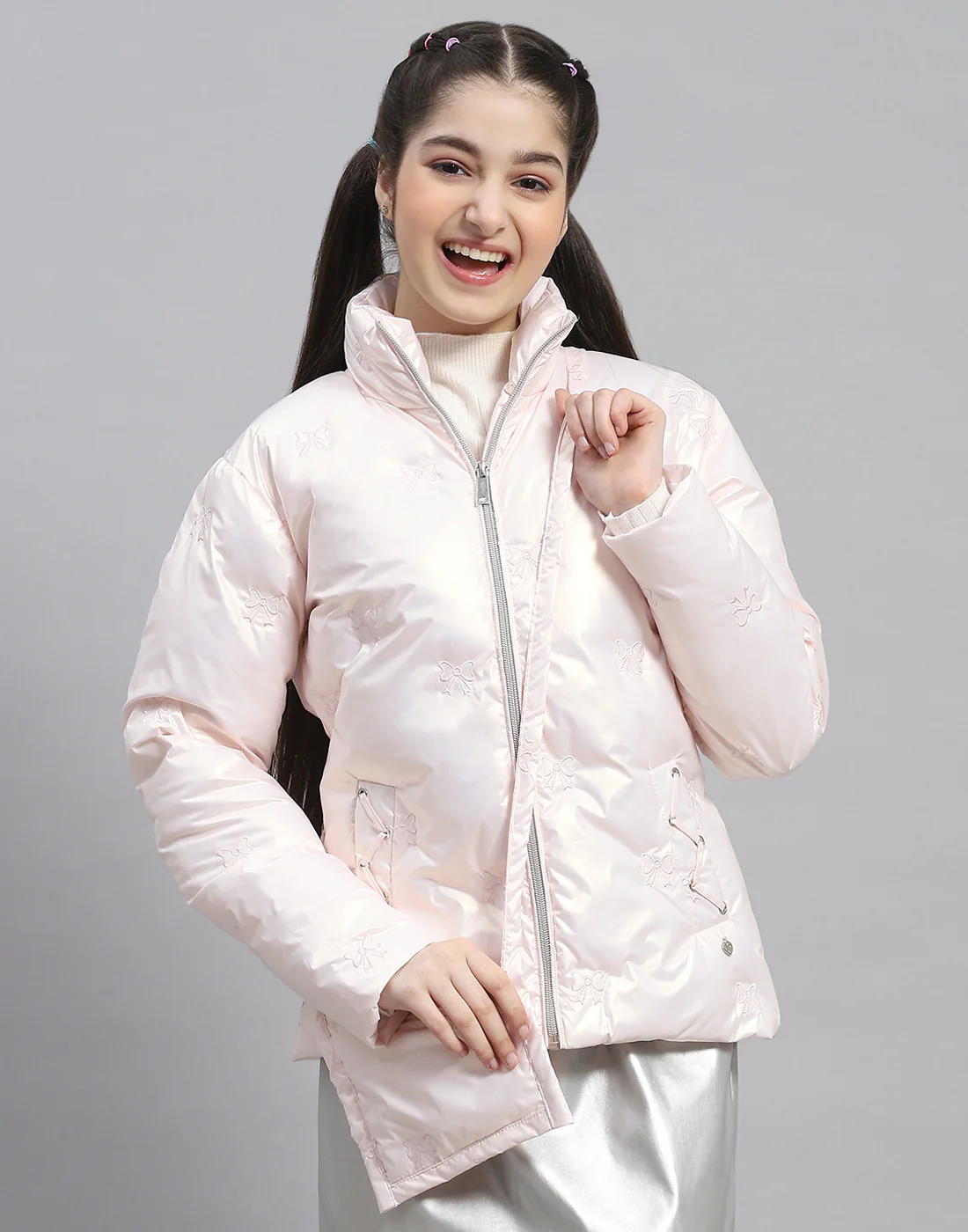 Girls Pink Embroidered Stand Collar Full Sleeve Girls Jacket - Image 2