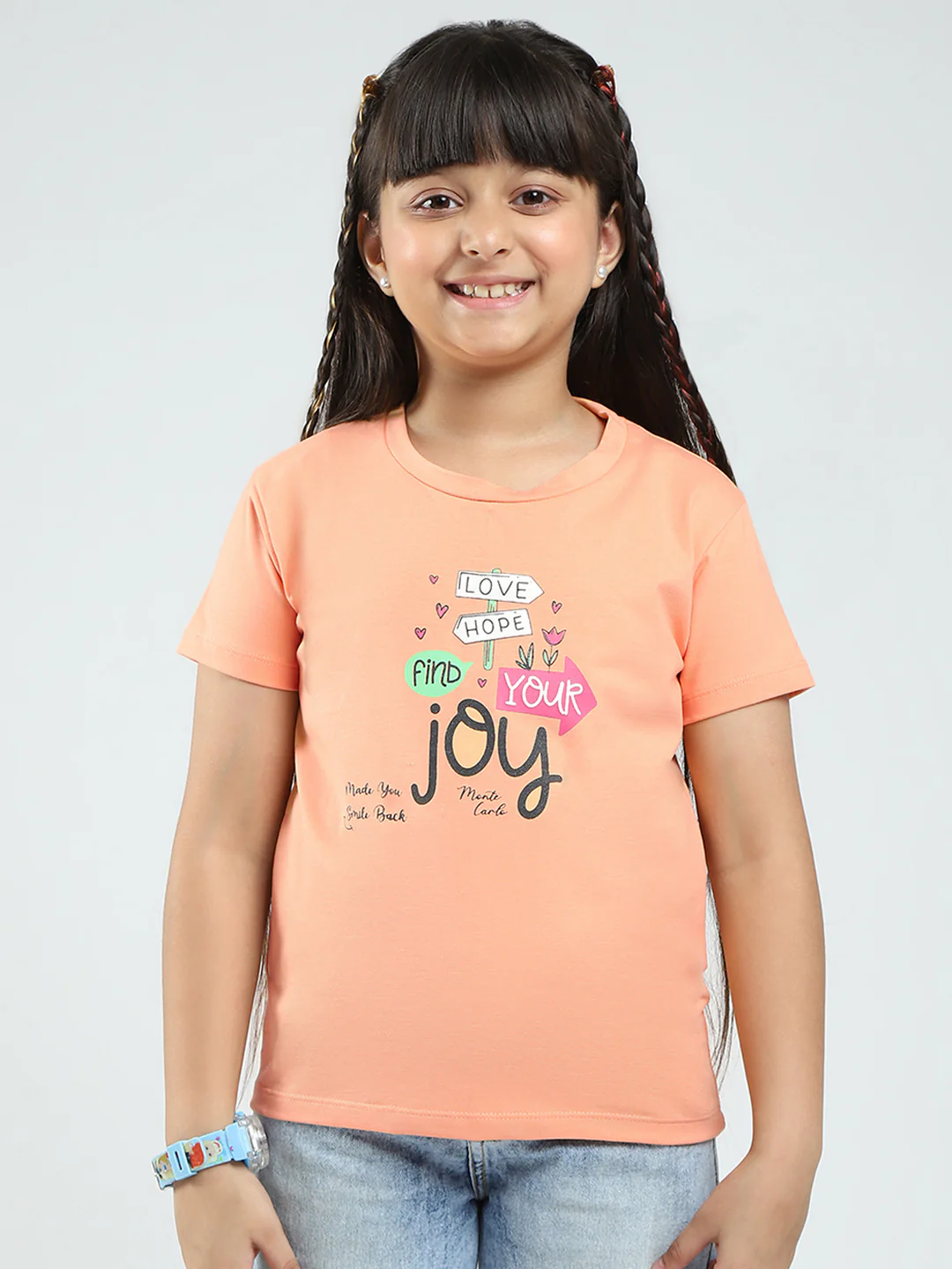 Girls Pink & Peach Printed Round Neck Half Sleeve Top 2Pc Set - Image 3