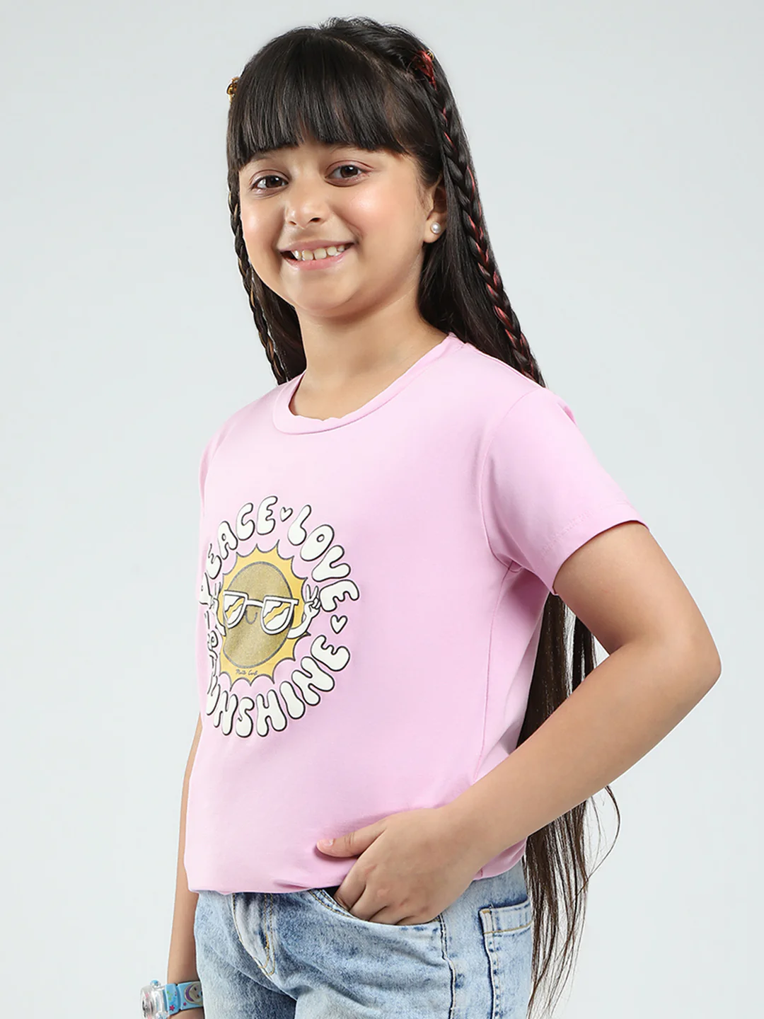 Girls Pink & Peach Printed Round Neck Half Sleeve Top 2Pc Set - Image 8