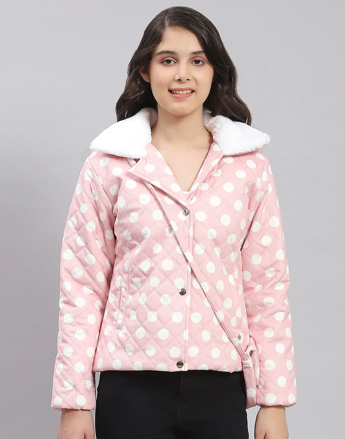 Girls Pink Polka Dots Lapel Collar Full Sleeve Girls Jacket - Image 3