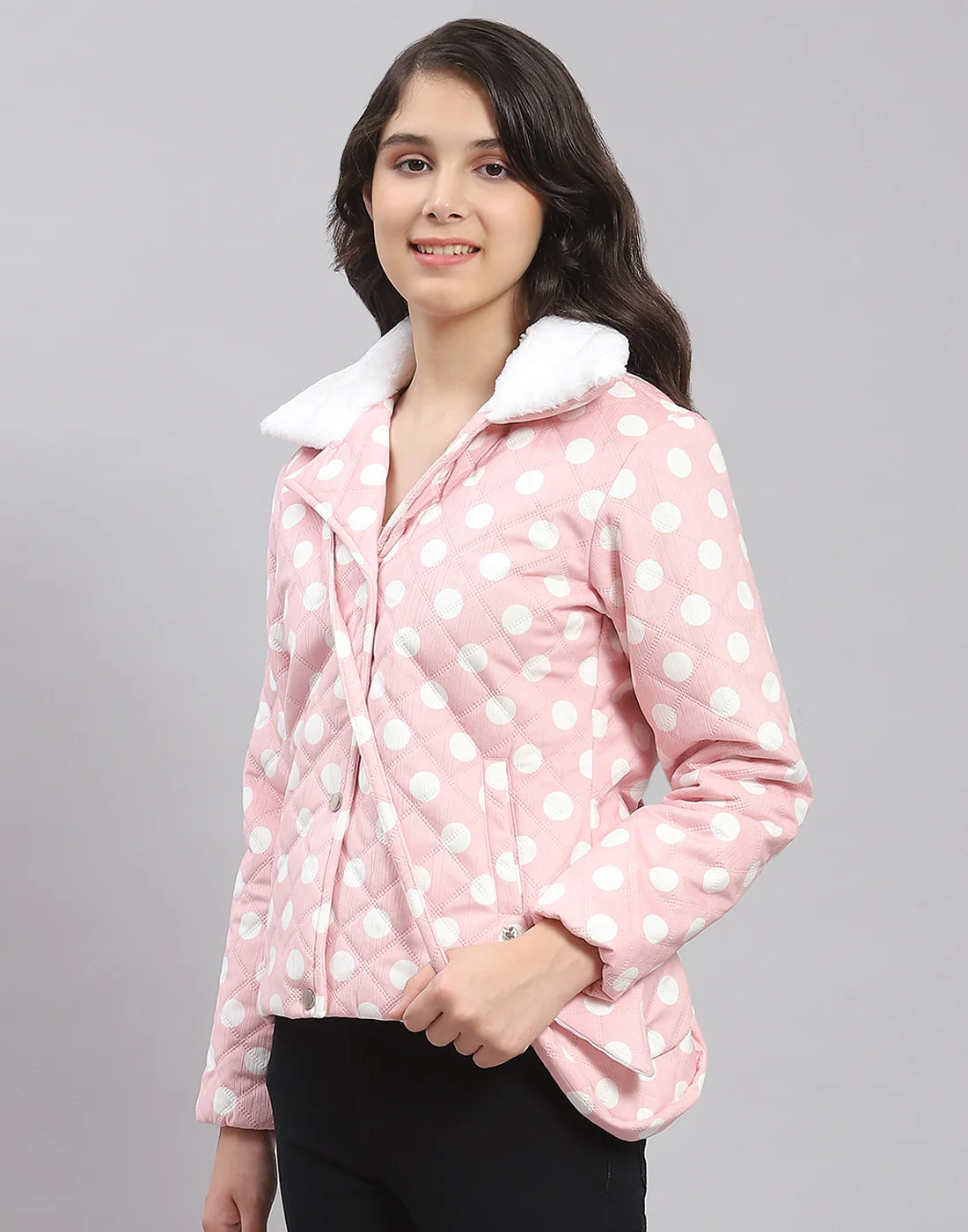 Girls Pink Polka Dots Lapel Collar Full Sleeve Girls Jacket - Image 4