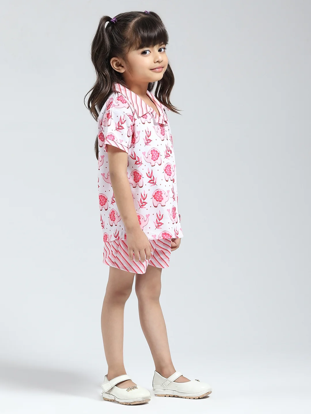 Girls Pink Printed Collar Half Sleeve Shorts Set - Image 4
