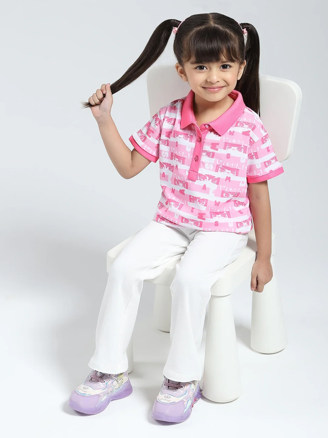 Girls Pink Printed Collar Half Sleeve T-Shirt - Image 2