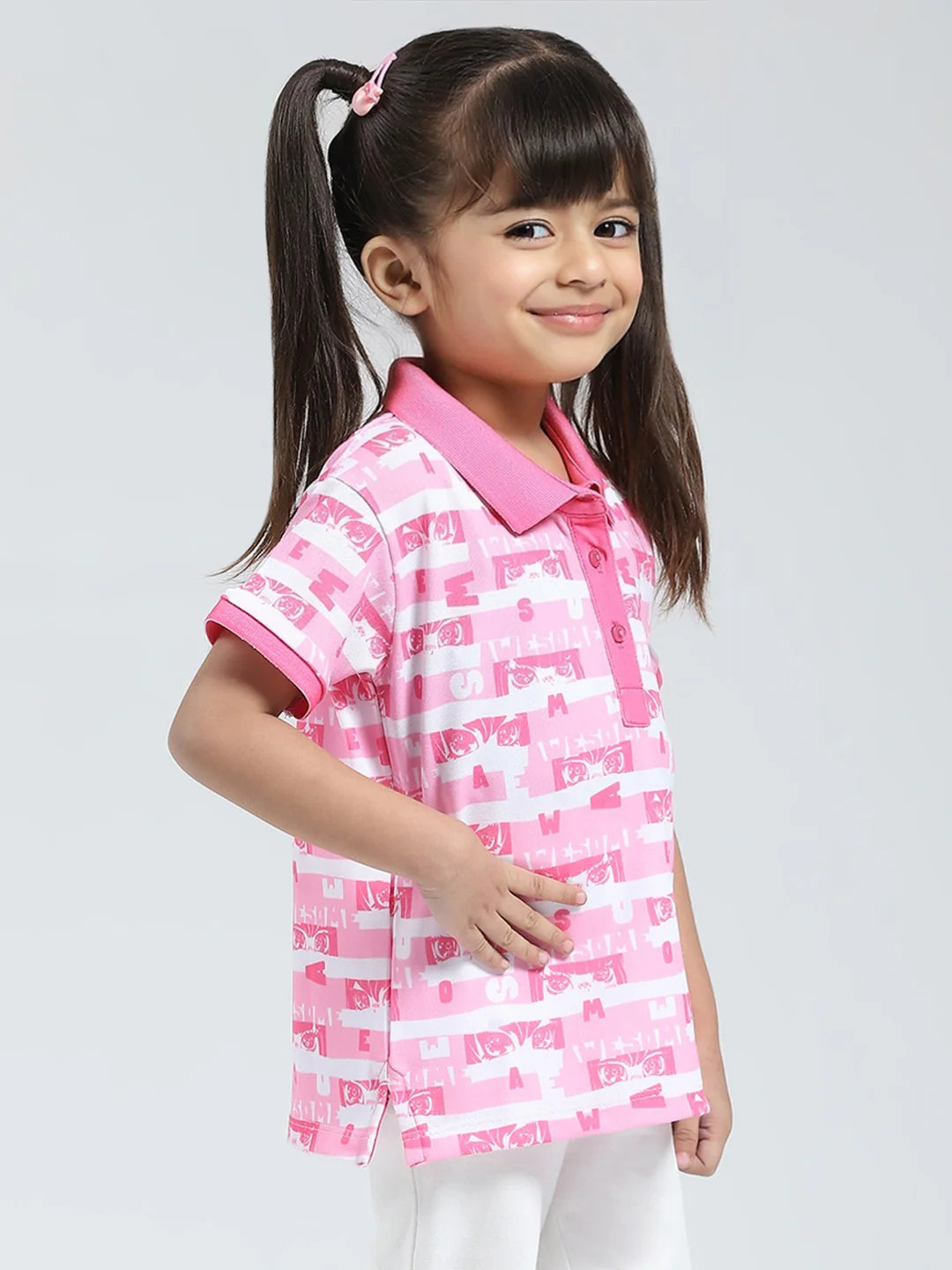 Girls Pink Printed Collar Half Sleeve T-Shirt - Image 4