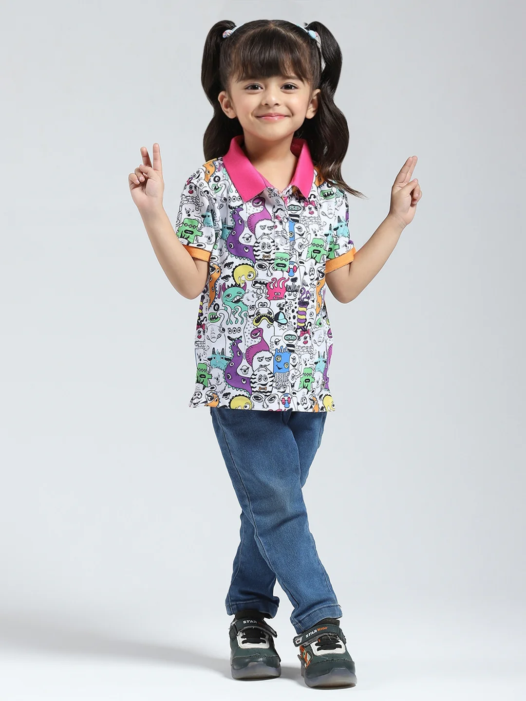 Girls Pink Printed Collar Half Sleeve T-Shirt - Image 2