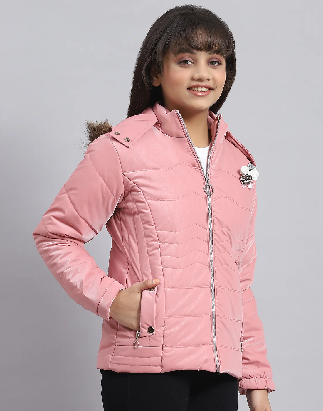 Girls Pink Printed Hooded Full Sleeve Girls Jacket - Image 4