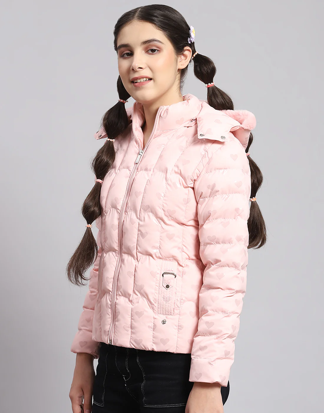 Girls Pink Printed Hooded Full Sleeve Girls Jacket - Image 4