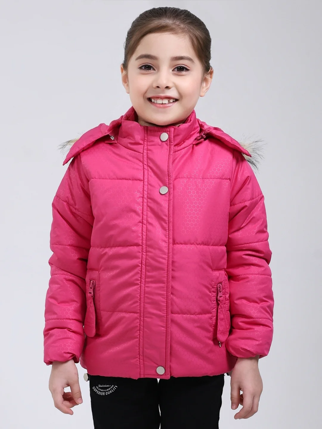 Girls Pink Printed Hooded Full Sleeve Jacket