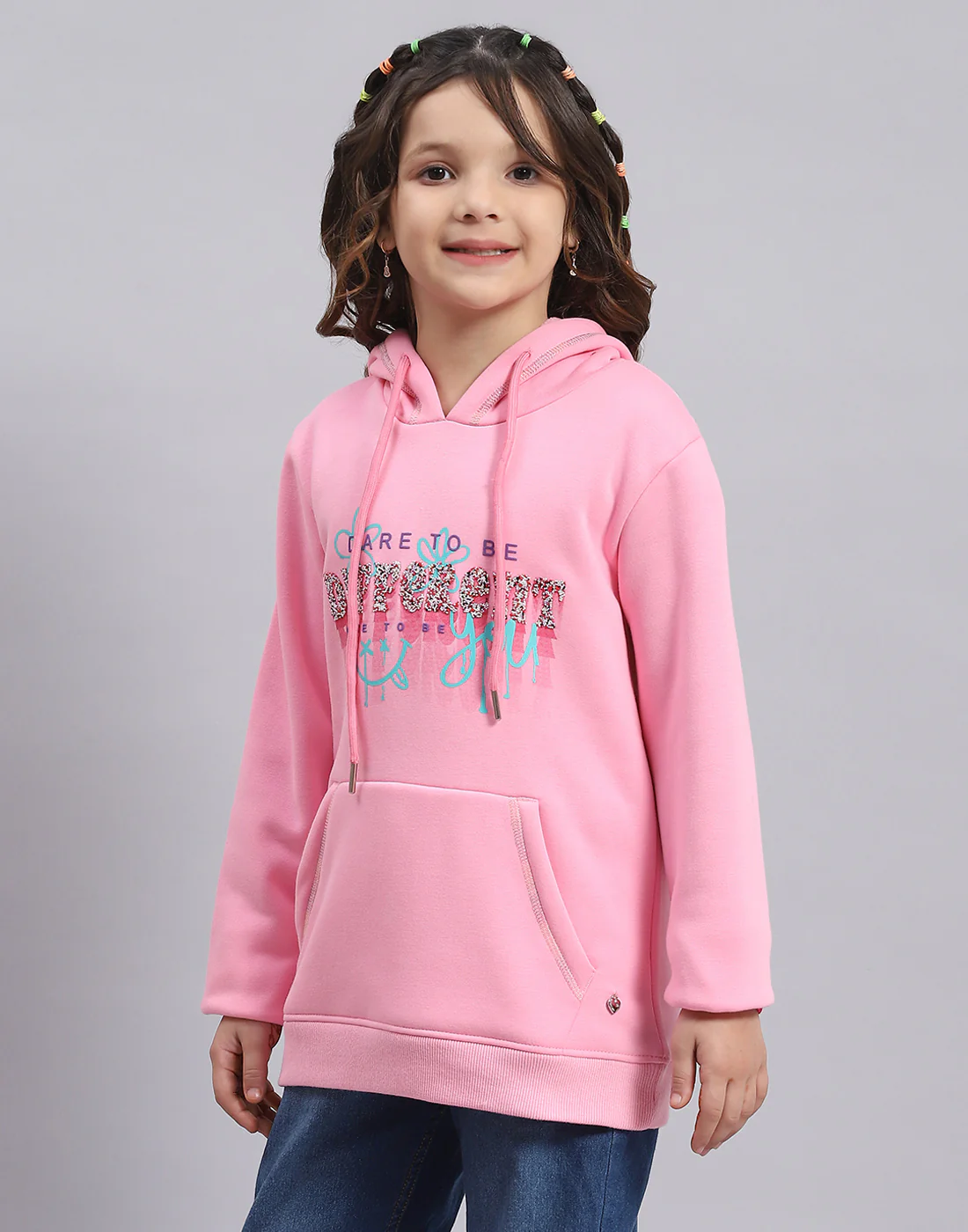 Girls Pink Printed Hooded Full Sleeve Sweatshirt - Image 3