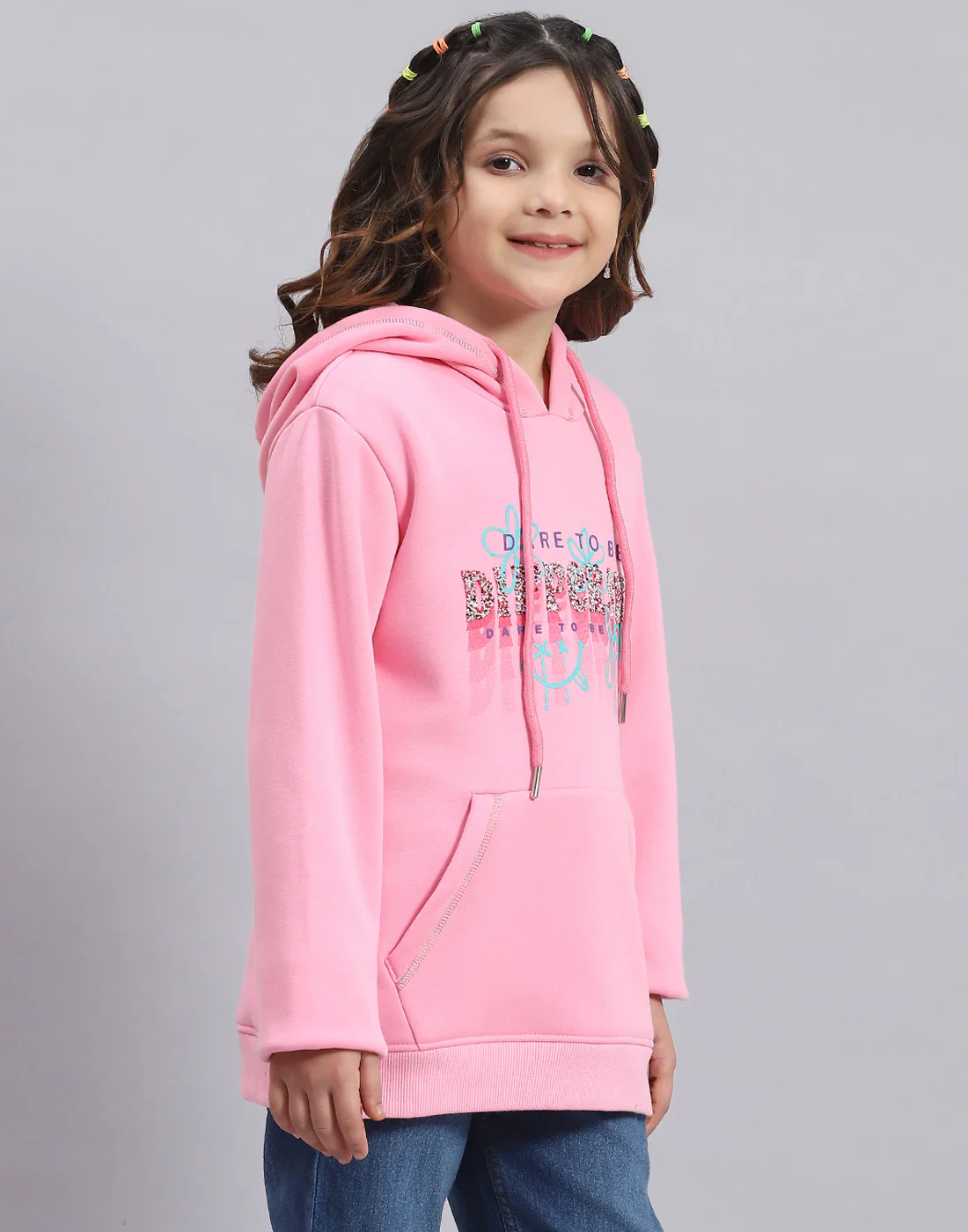 Girls Pink Printed Hooded Full Sleeve Sweatshirt - Image 4