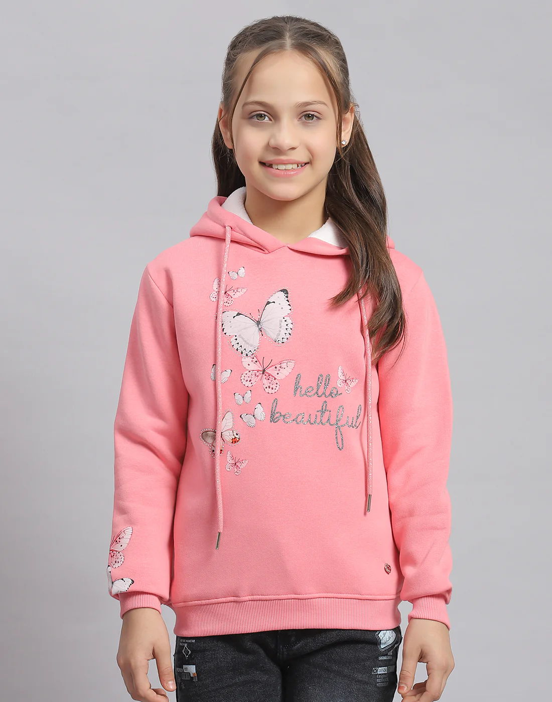 Girls Pink Printed Hooded Full Sleeve Sweatshirt - Image 2