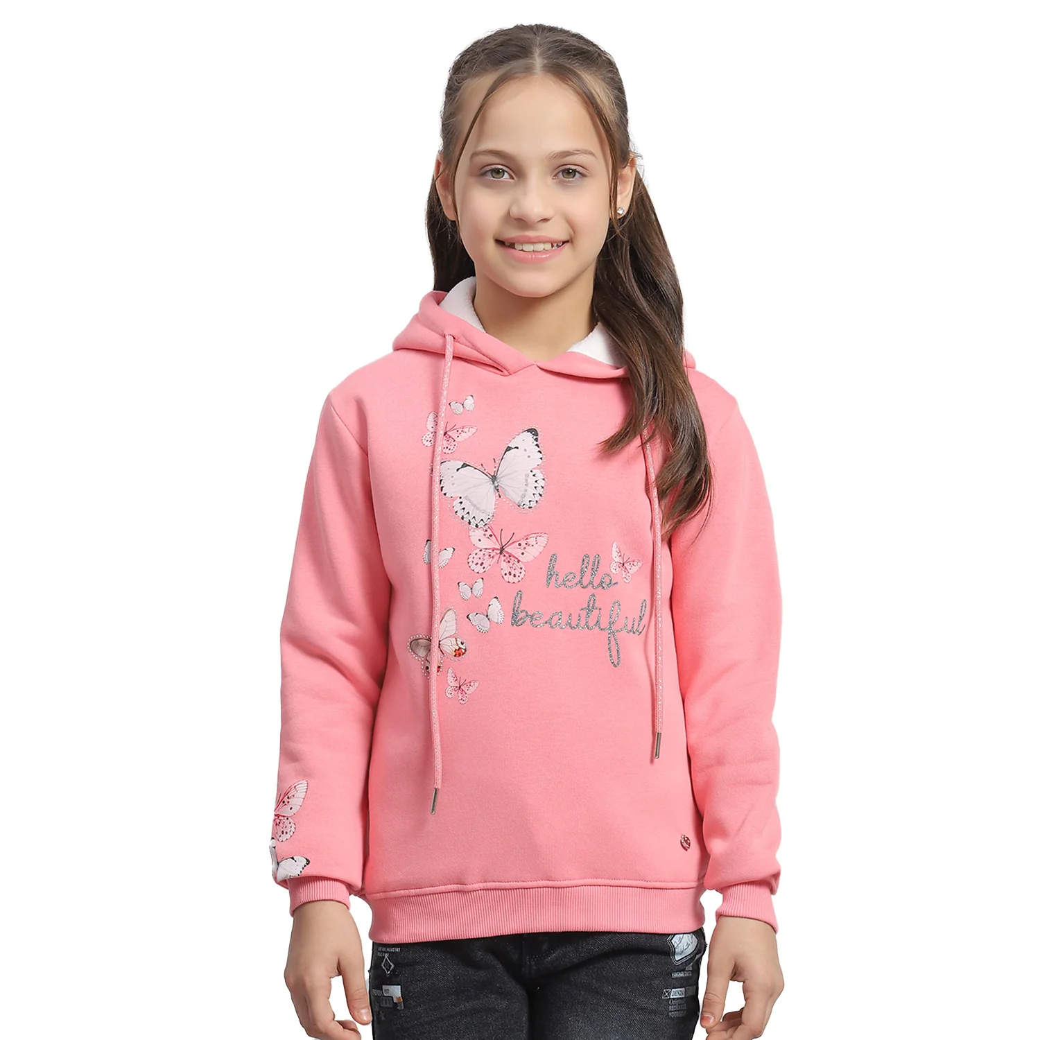 Girls Pink Printed Hooded Full Sleeve Sweatshirt - Image 5