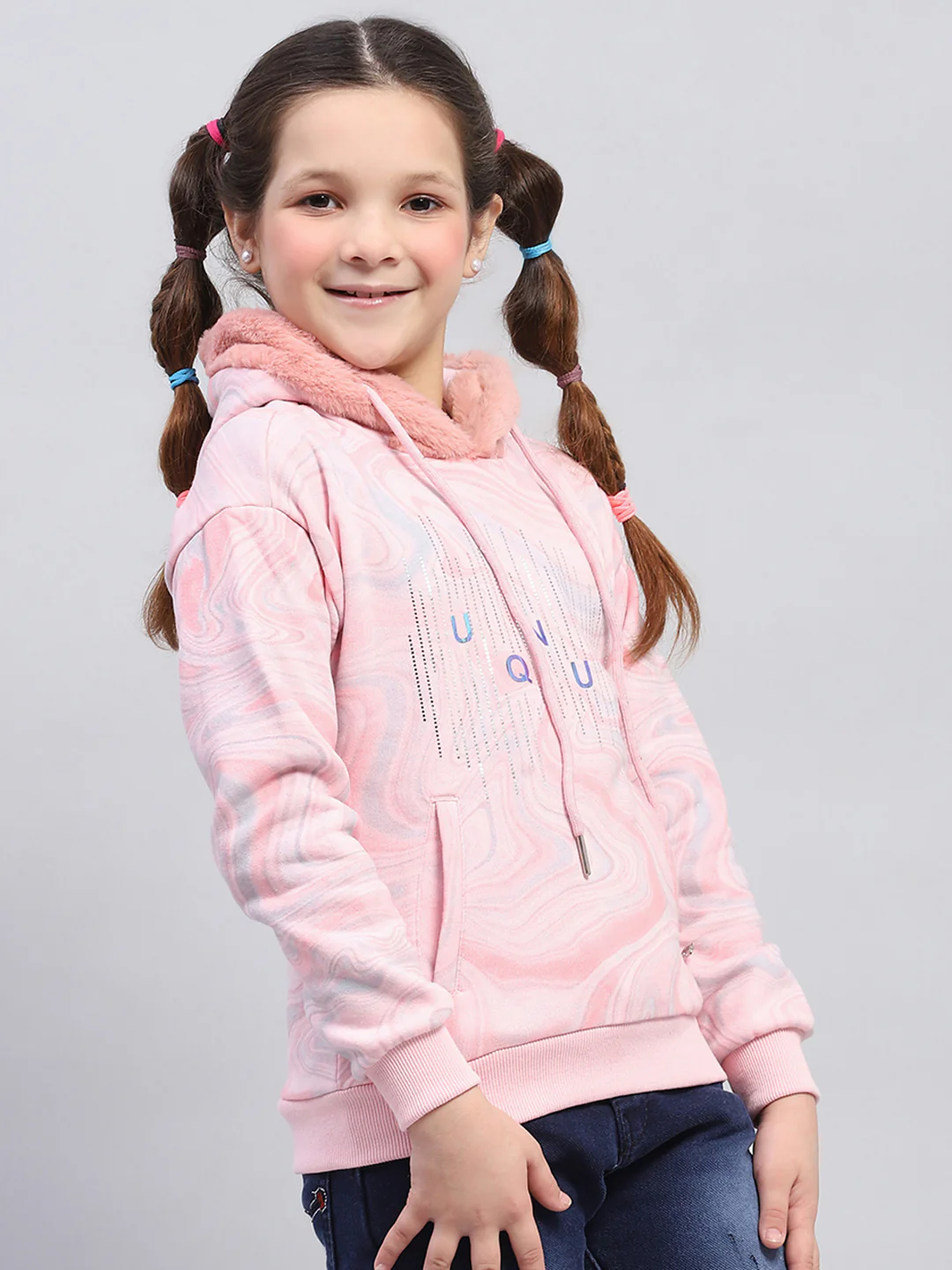 Girls Pink Printed Hooded Full Sleeve Sweatshirt - Image 4