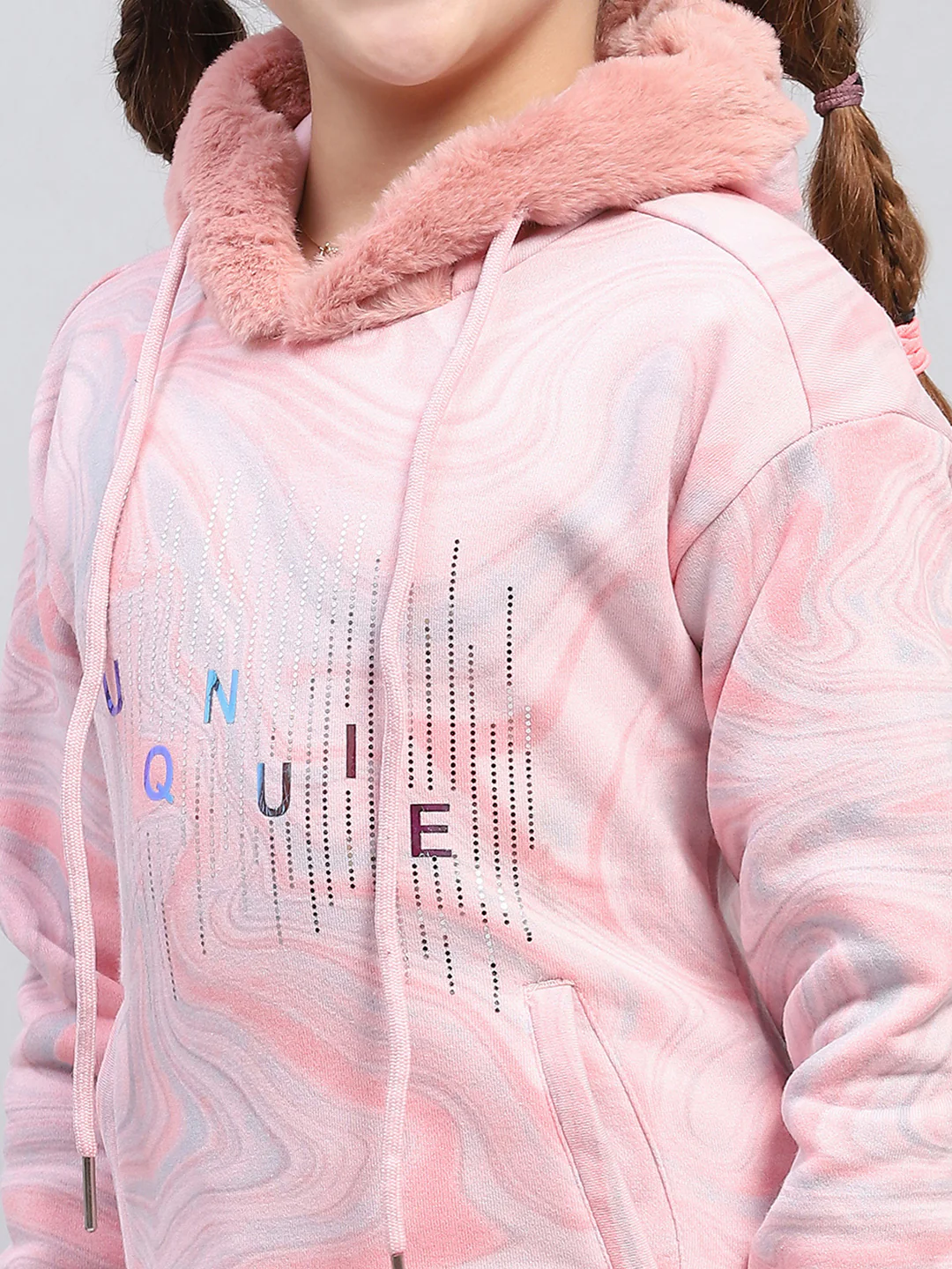 Girls Pink Printed Hooded Full Sleeve Sweatshirt - Image 7