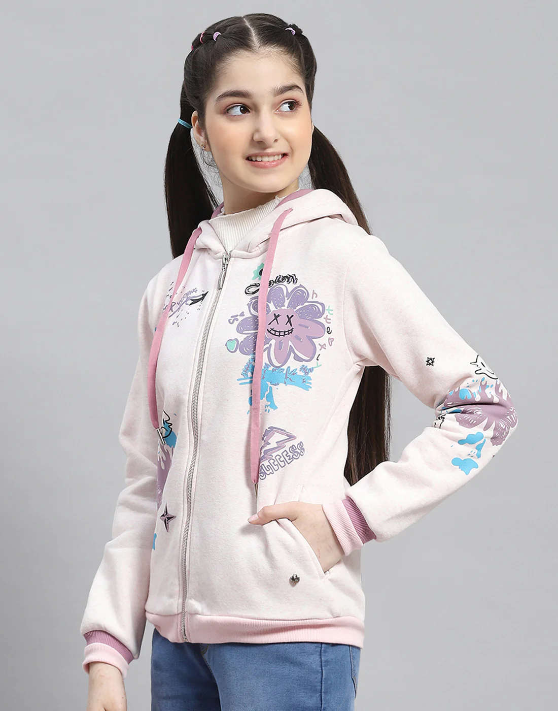 Girls Pink Printed Hooded Full Sleeve Sweatshirt - Image 3