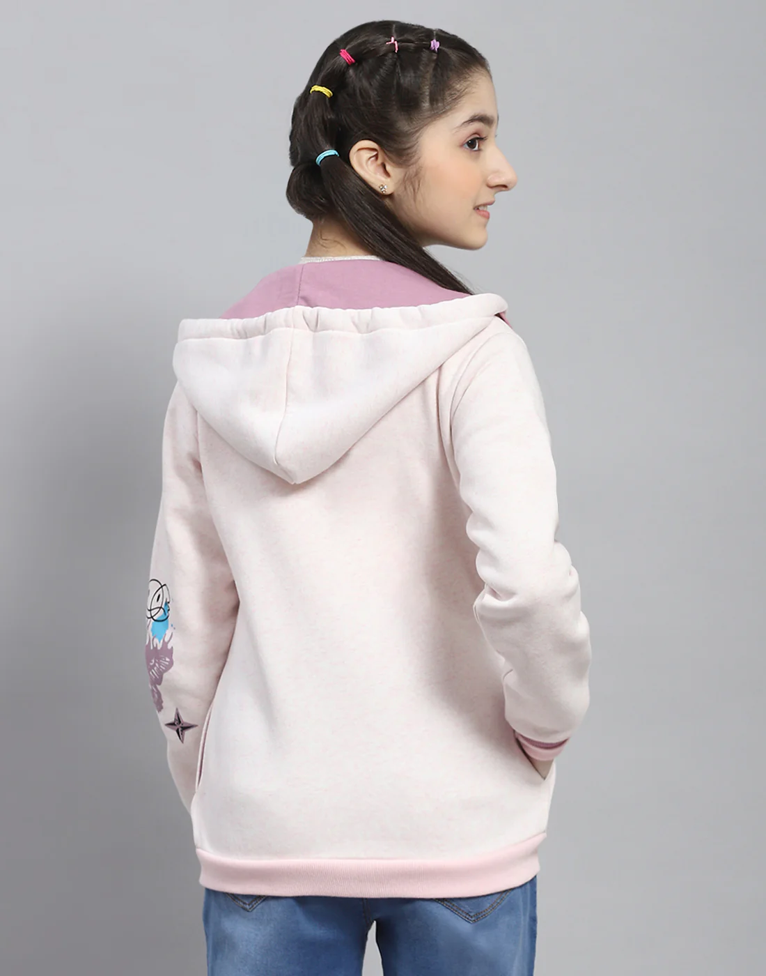 Girls Pink Printed Hooded Full Sleeve Sweatshirt - Image 5