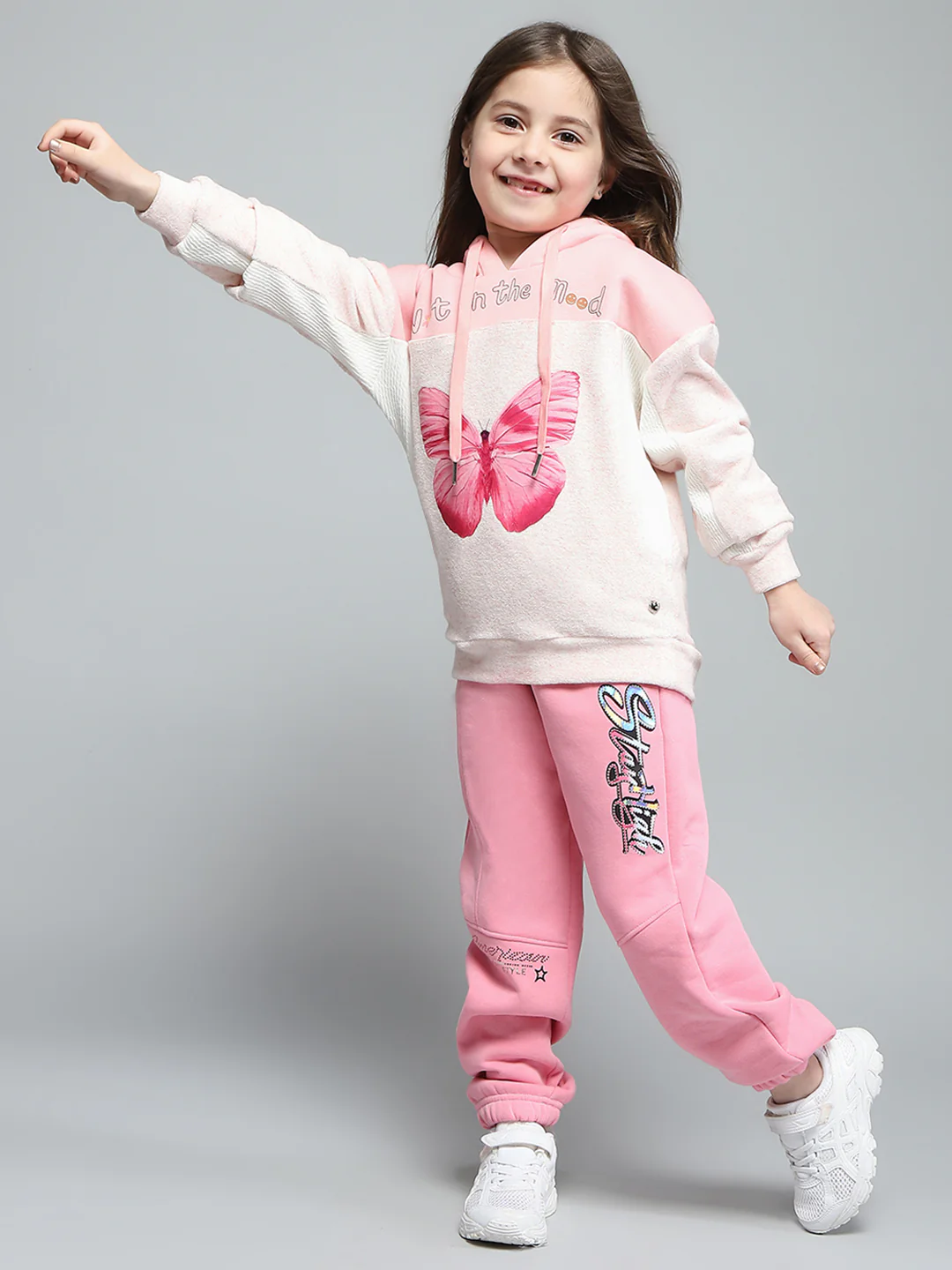 Girls Pink Printed Hooded Full Sleeve Sweatshirt - Image 2