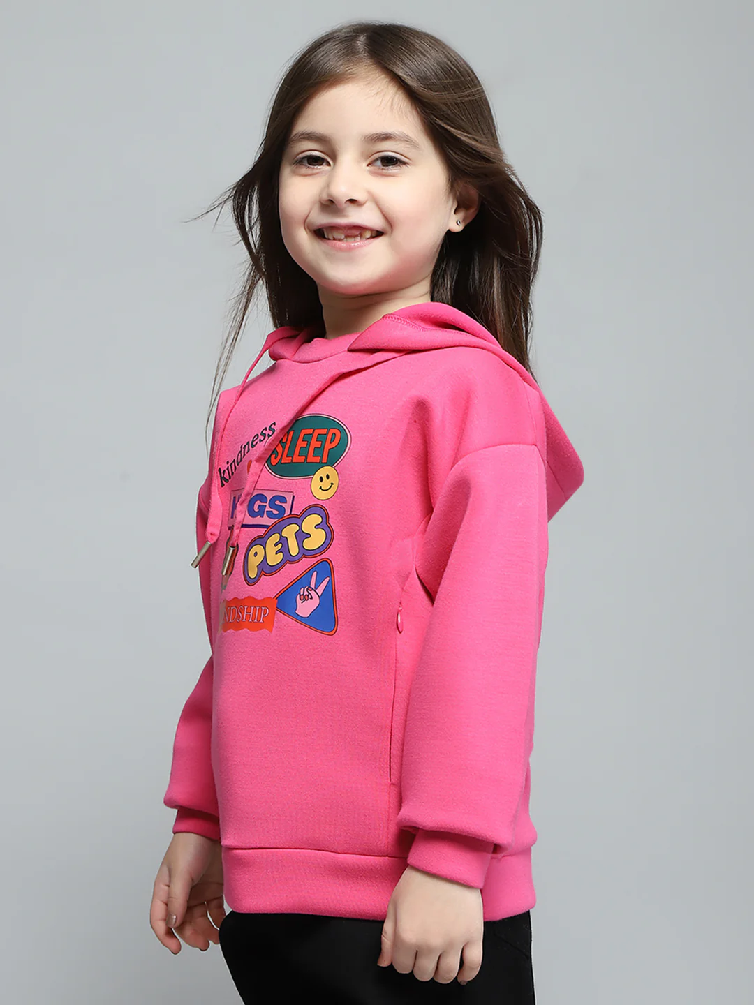 Girls Pink Printed Hooded Full Sleeve Sweatshirt - Image 3