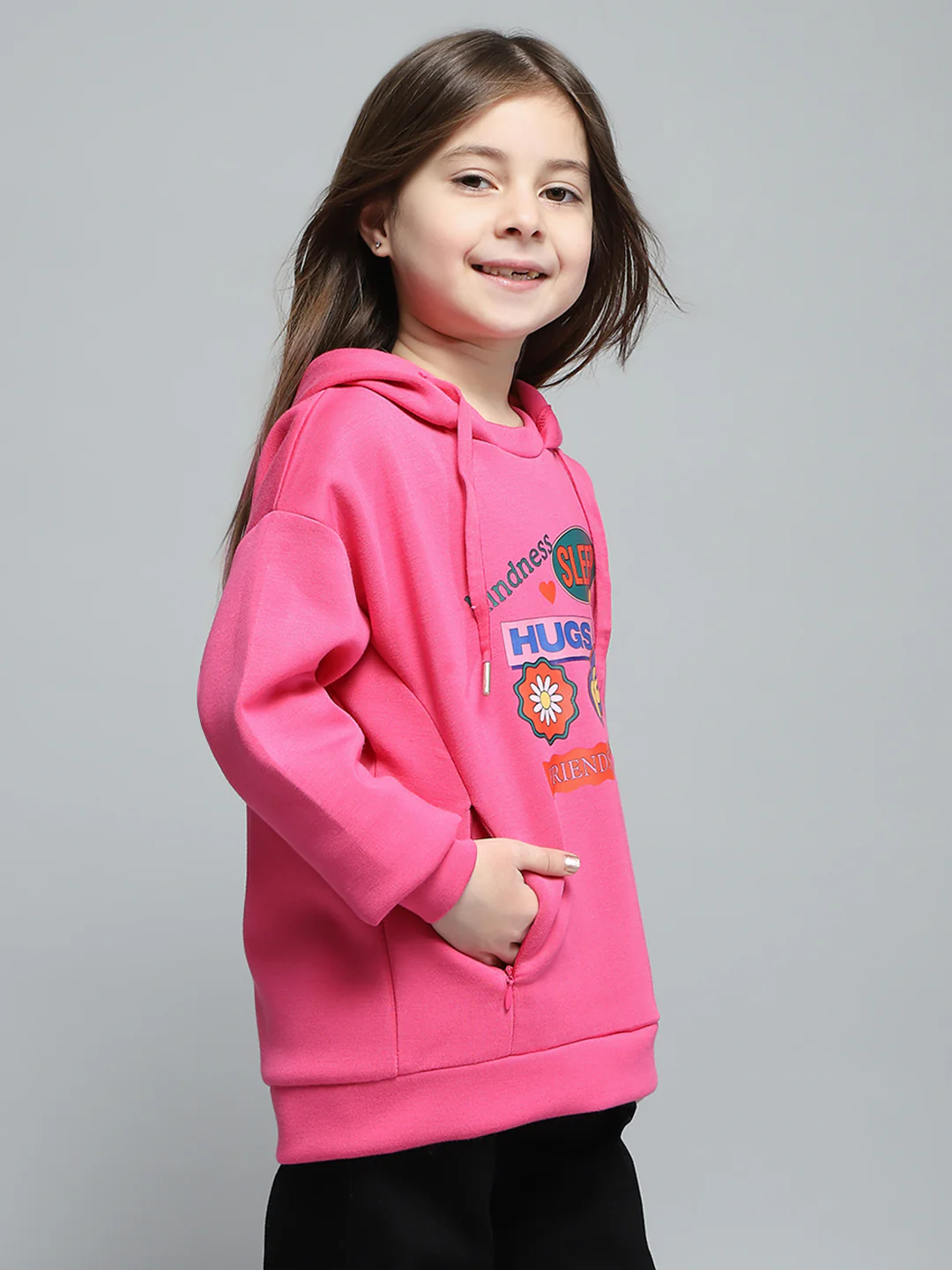 Girls Pink Printed Hooded Full Sleeve Sweatshirt - Image 4