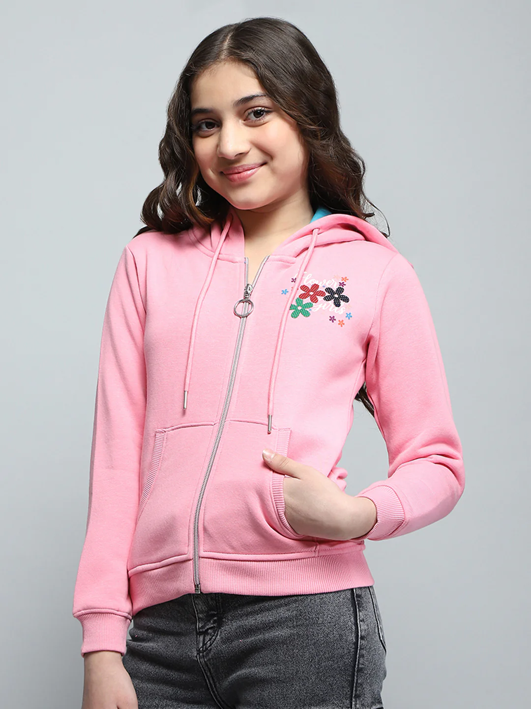 Girls Pink Printed Hooded Full Sleeve Sweatshirt - Image 3