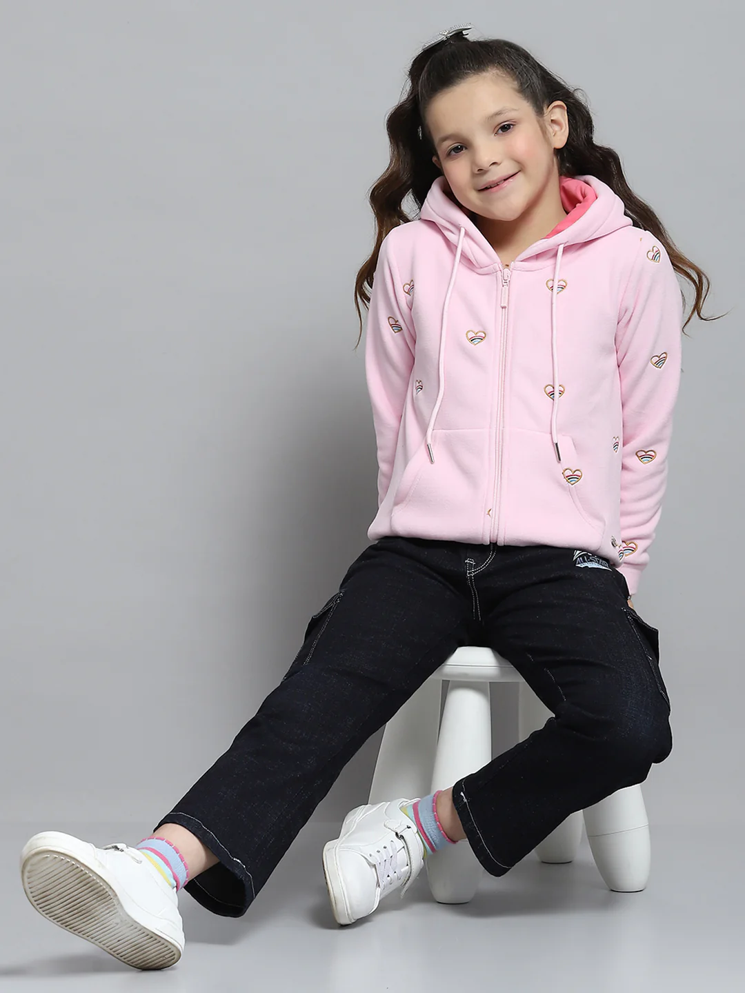 Girls Pink Printed Hooded Full Sleeve Sweatshirt - Image 2