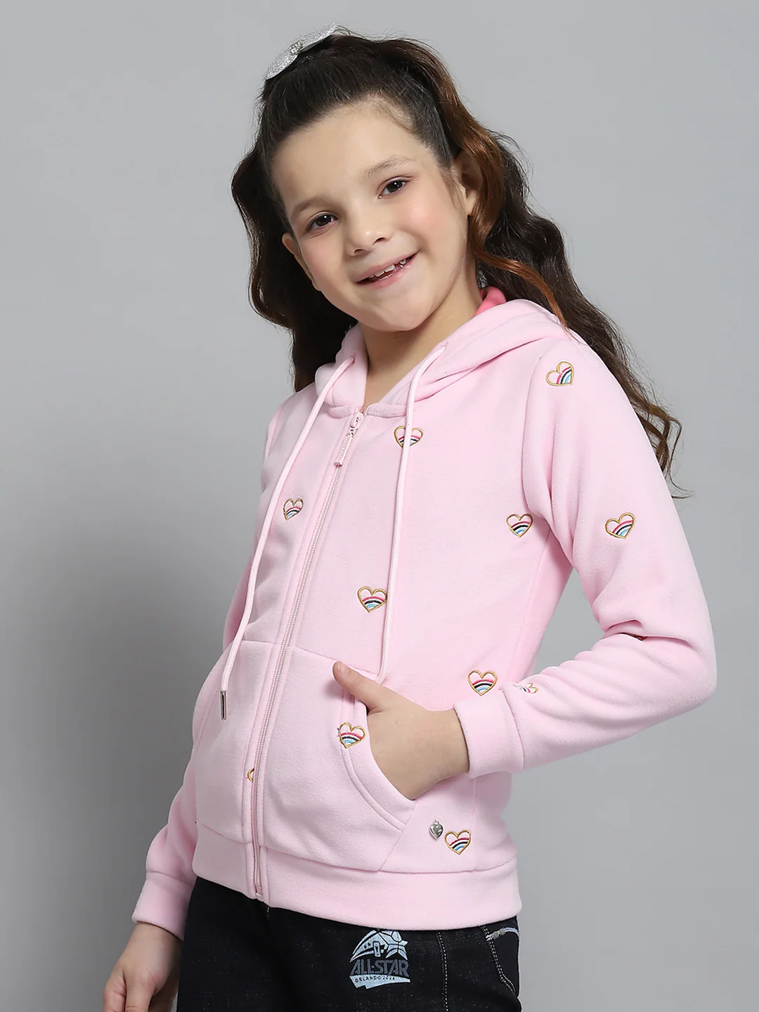 Girls Pink Printed Hooded Full Sleeve Sweatshirt - Image 3