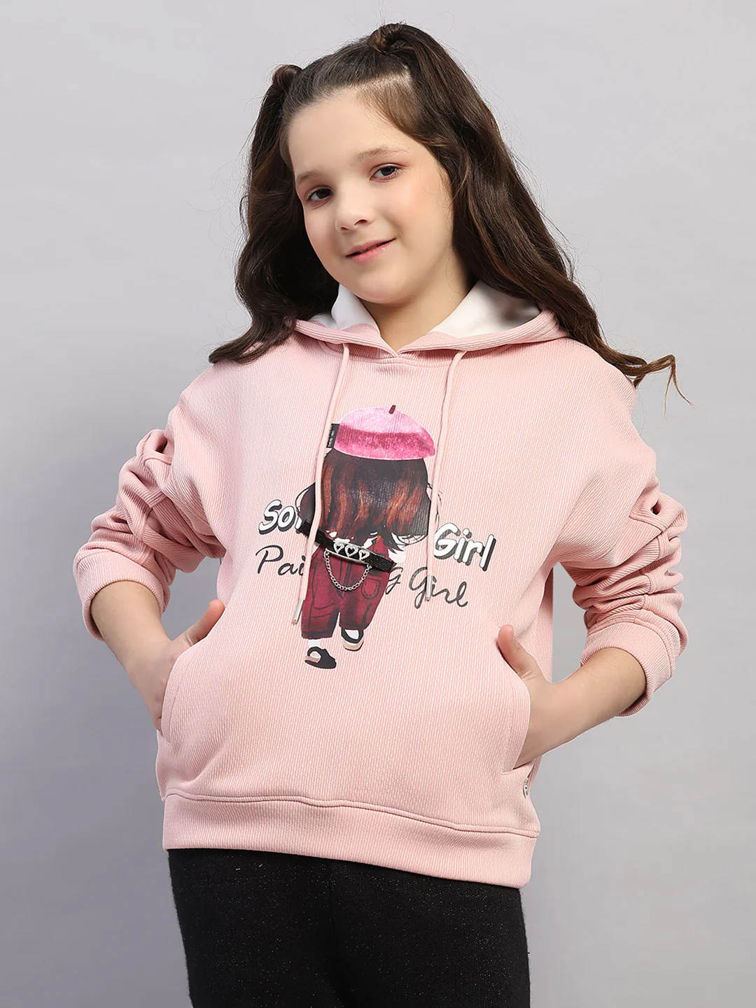 Girls Pink Printed Hooded Full Sleeve Sweatshirt