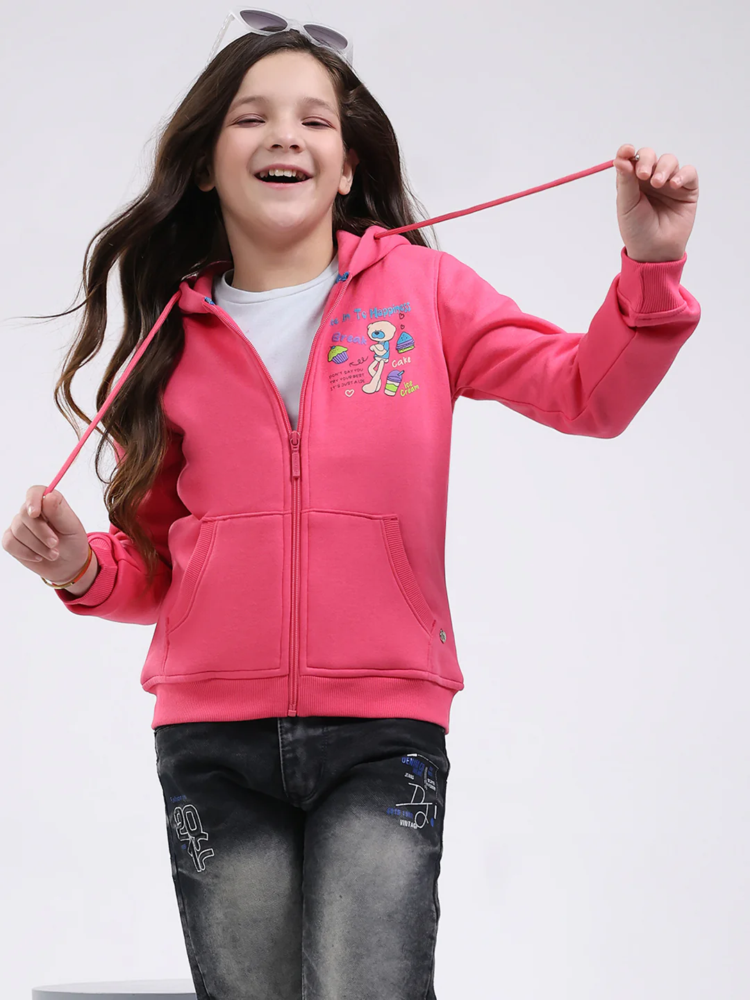Girls Pink Printed Hooded Full Sleeve Sweatshirt - Image 6