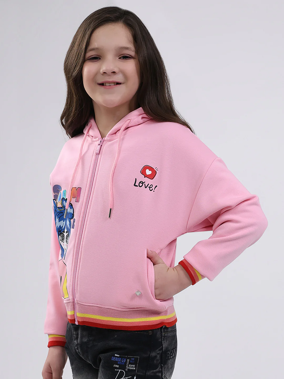 Girls Pink Printed Hooded Full Sleeve Sweatshirt - Image 3