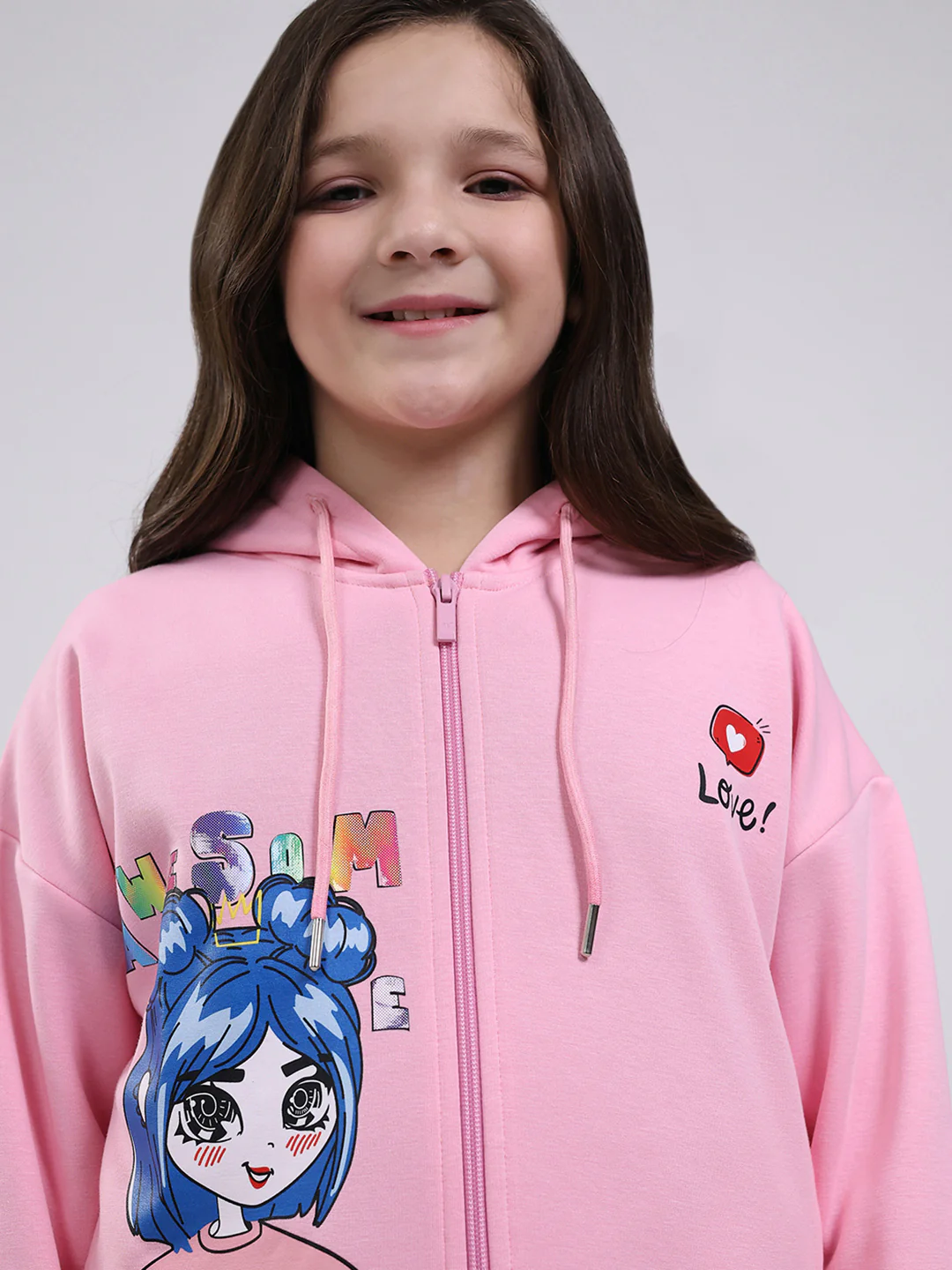 Girls Pink Printed Hooded Full Sleeve Sweatshirt - Image 6
