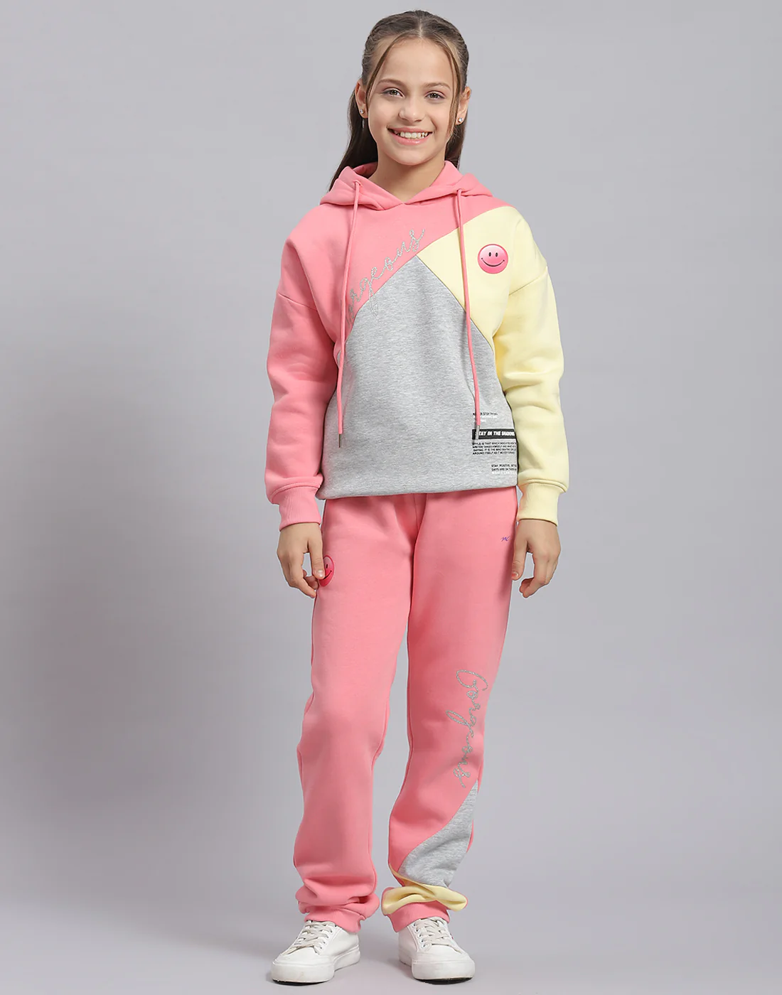 Girls Pink Printed Hooded Full Sleeve Tracksuit - Image 3