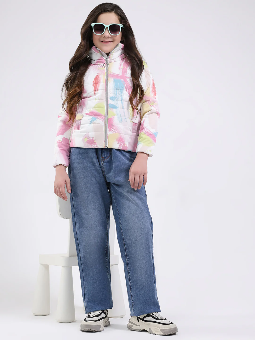 Girls Pink Printed Mock Neck Full Sleeve Jacket - Image 2