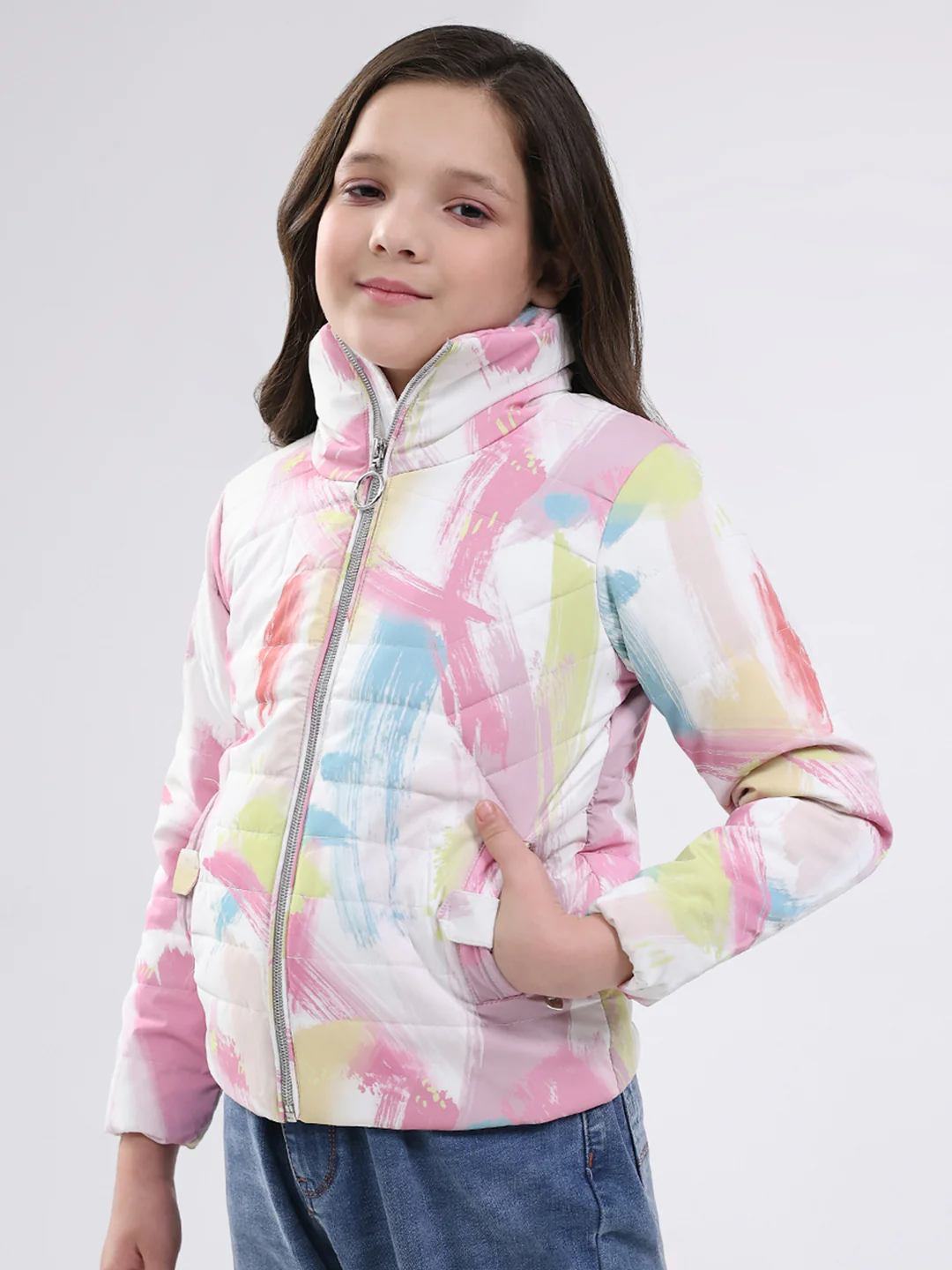Girls Pink Printed Mock Neck Full Sleeve Jacket - Image 3