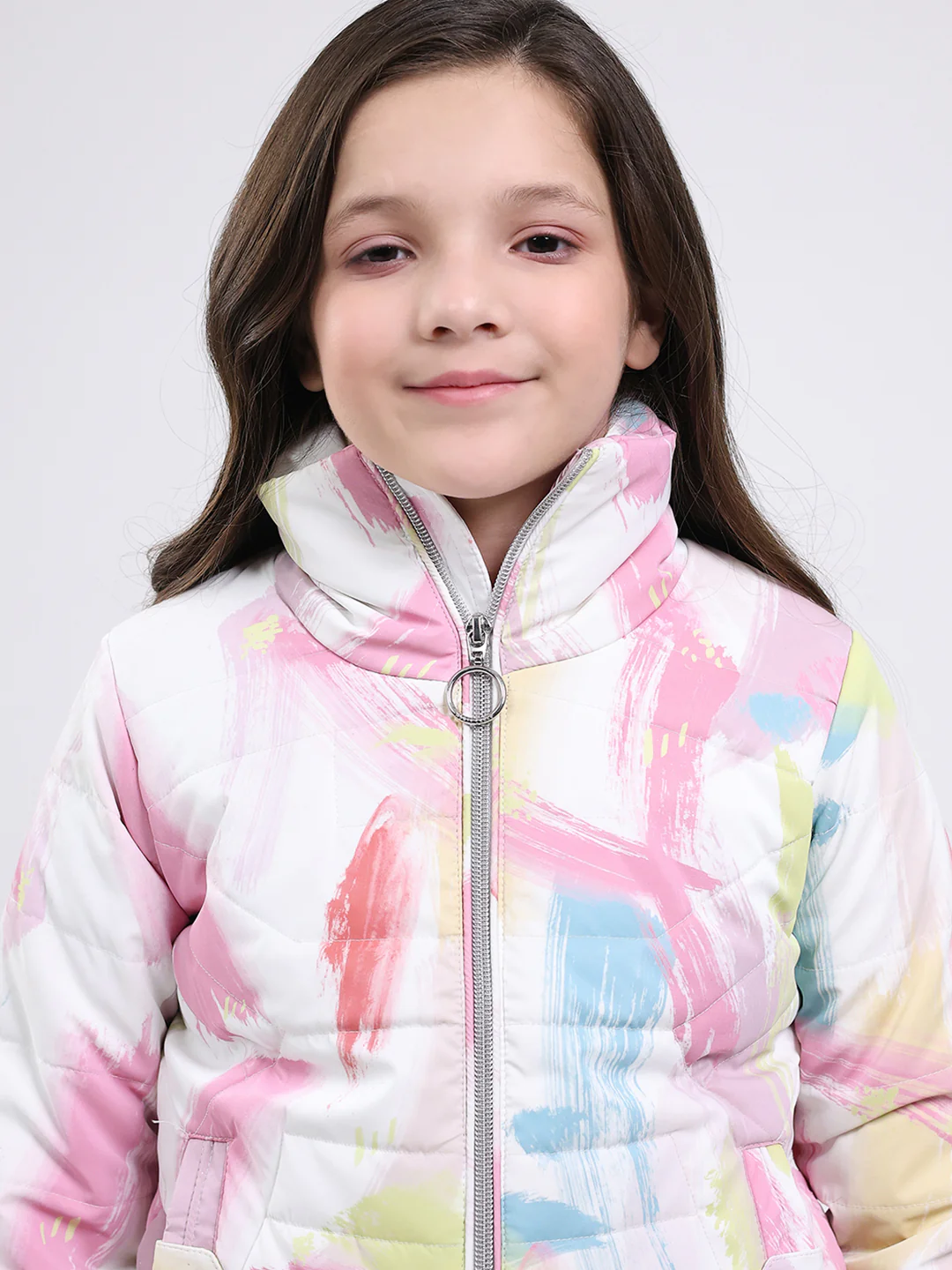 Girls Pink Printed Mock Neck Full Sleeve Jacket - Image 6