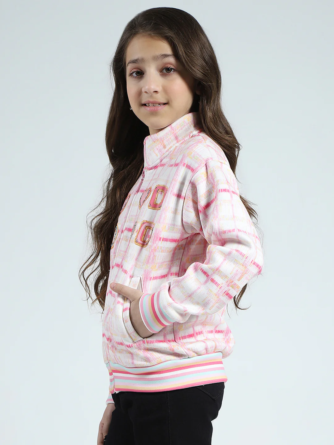 Girls Pink Printed Mock Neck Full Sleeve Sweatshirt - Image 3
