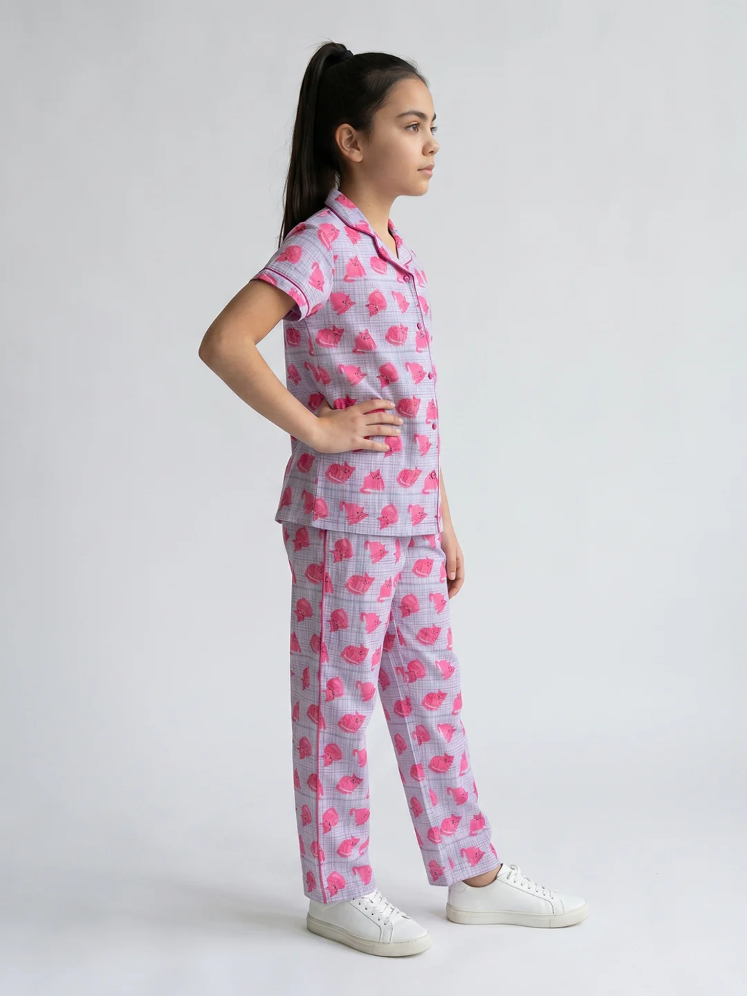 Girls Pink Printed Revere Collar Half Sleeve Cords Set - Image 2