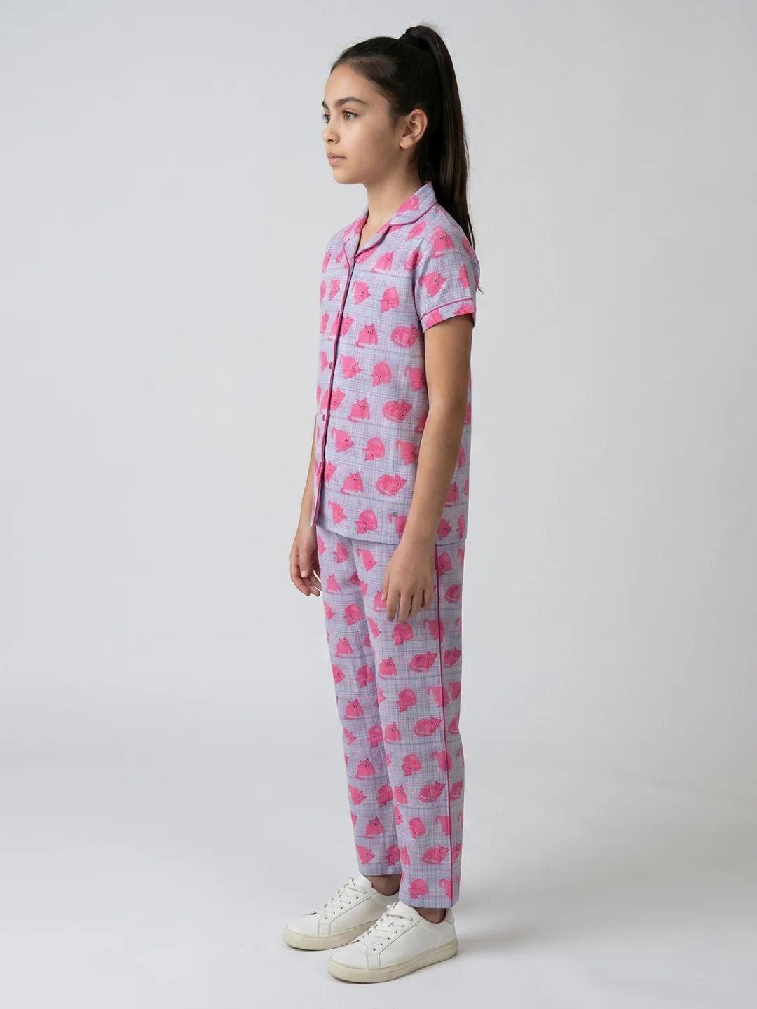 Girls Pink Printed Revere Collar Half Sleeve Cords Set - Image 3